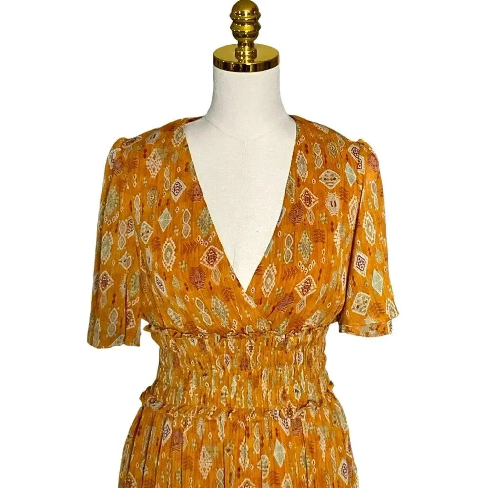 TAYLOR | Smocked Waist Brown Cottagecore Fit-And-Flare Tiered Midi Dress Size S - Picture 9 of 14